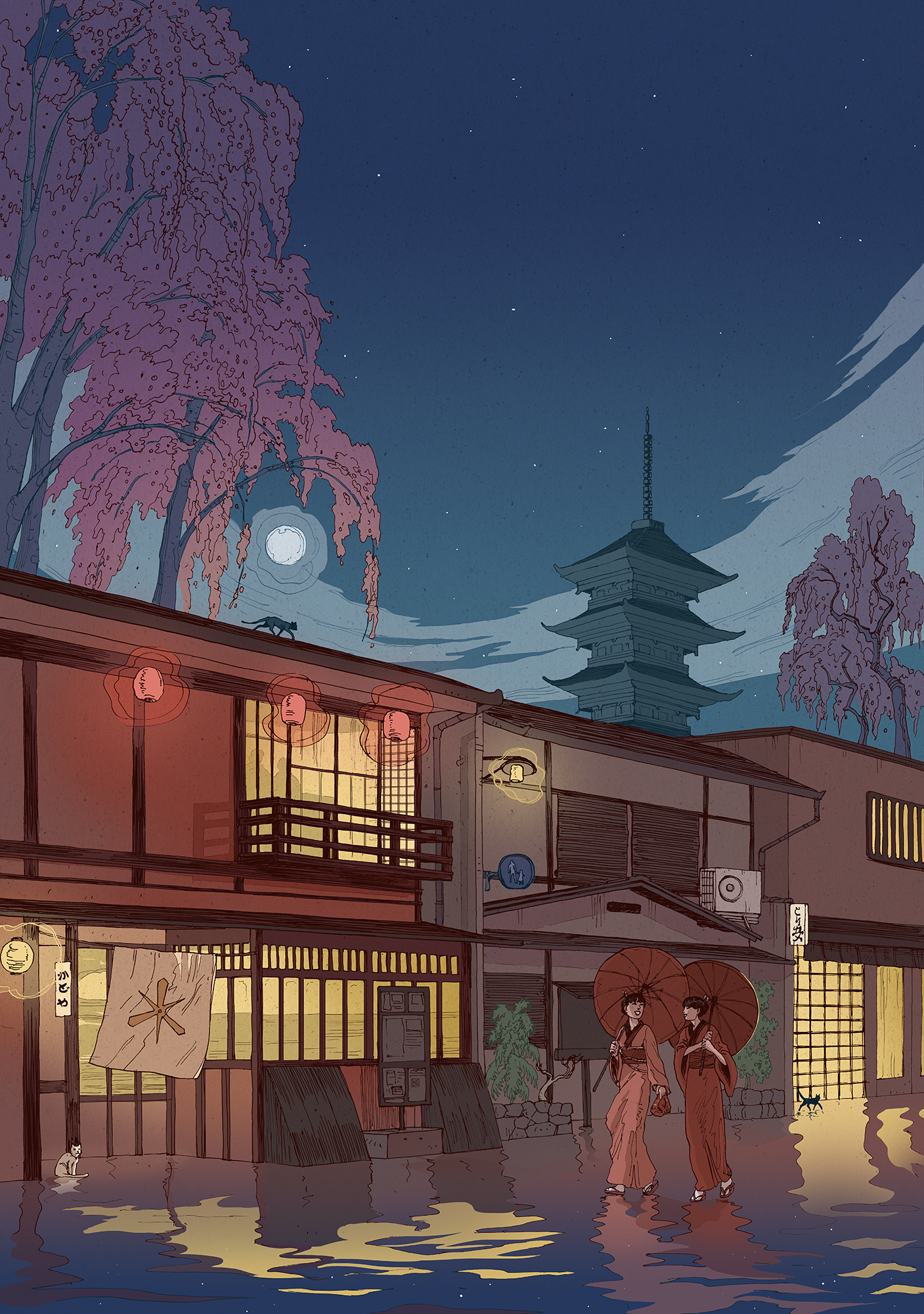 Kyoto at night illustration nicolas castell